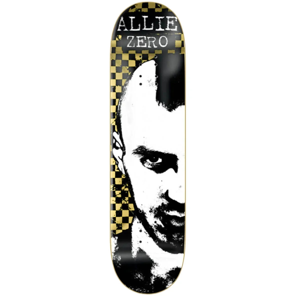 A skateboard deck shown vertically against a plain white background. The top graphic features a high-contrast black-and-white portrait of a bald man's face, a black-and-gold checkerboard pattern on the left side, and the text 'ALLIE ZERO' at the top.