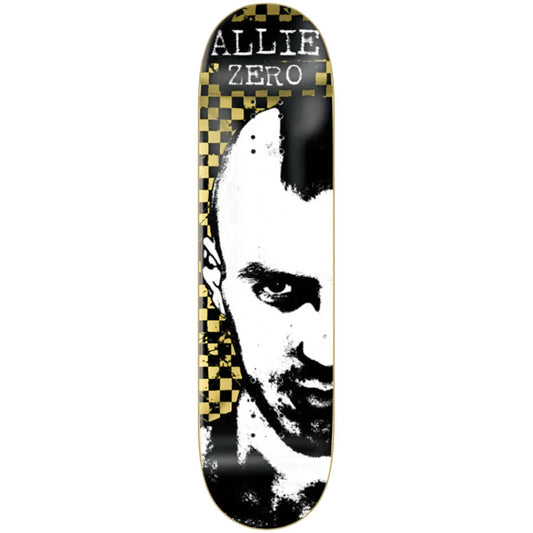 A skateboard deck shown vertically against a plain white background. The top graphic features a high-contrast black-and-white portrait of a bald man's face, a black-and-gold checkerboard pattern on the left side, and the text 'ALLIE ZERO' at the top.