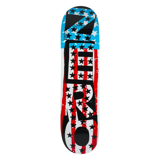 Skateboard deck with American flag design and 'ERROR' text on a white background