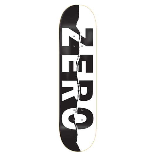 Zero skateboard deck with black and white design on a white background