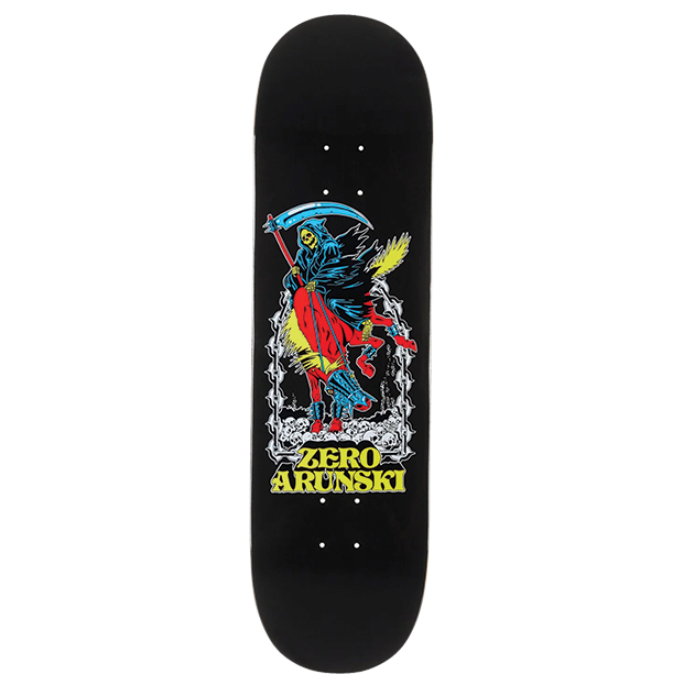 Skateboard deck with colorful graphic design on a white background