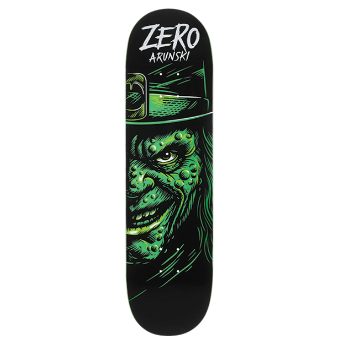 Skateboard deck with green graphic design on a white background