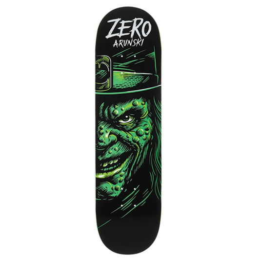 Skateboard deck with green graphic design on a white background