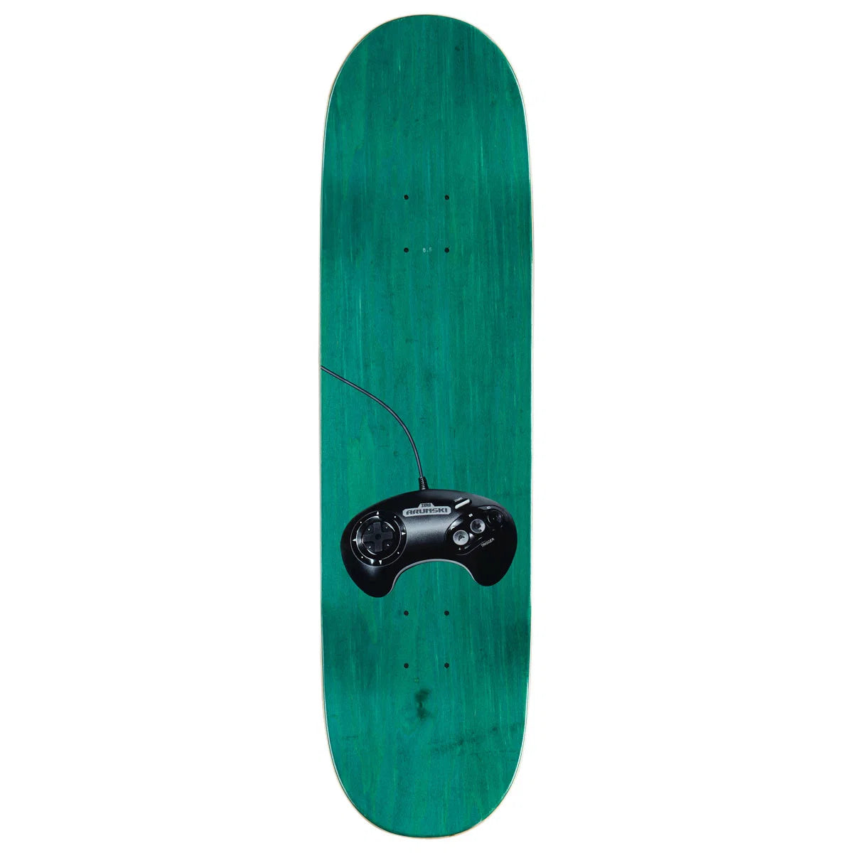 A teal green skateboard deck featuring a printed graphic of a black video game controller in the center, shown against a plain white background.