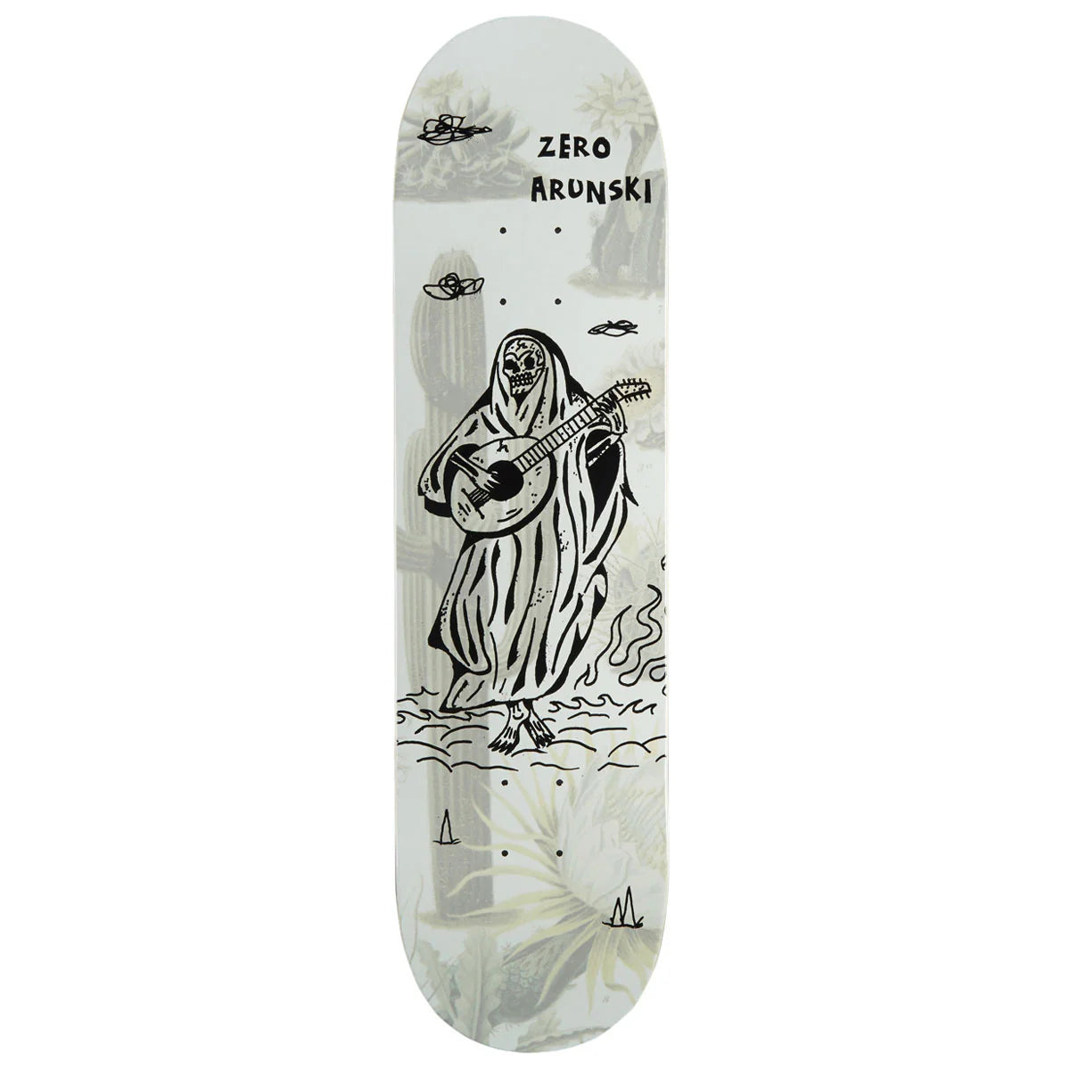 Skateboard deck with a graphic design of a figure playing a guitar on a white background