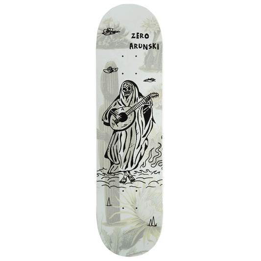 Skateboard deck with a graphic design of a figure playing a guitar on a white background