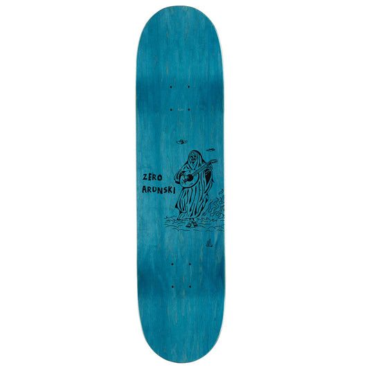 Blue skateboard deck with black graphics and text on a white background