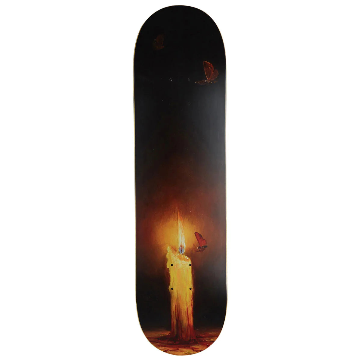 Skateboard deck with a design of a candle and butterfly on a dark background
