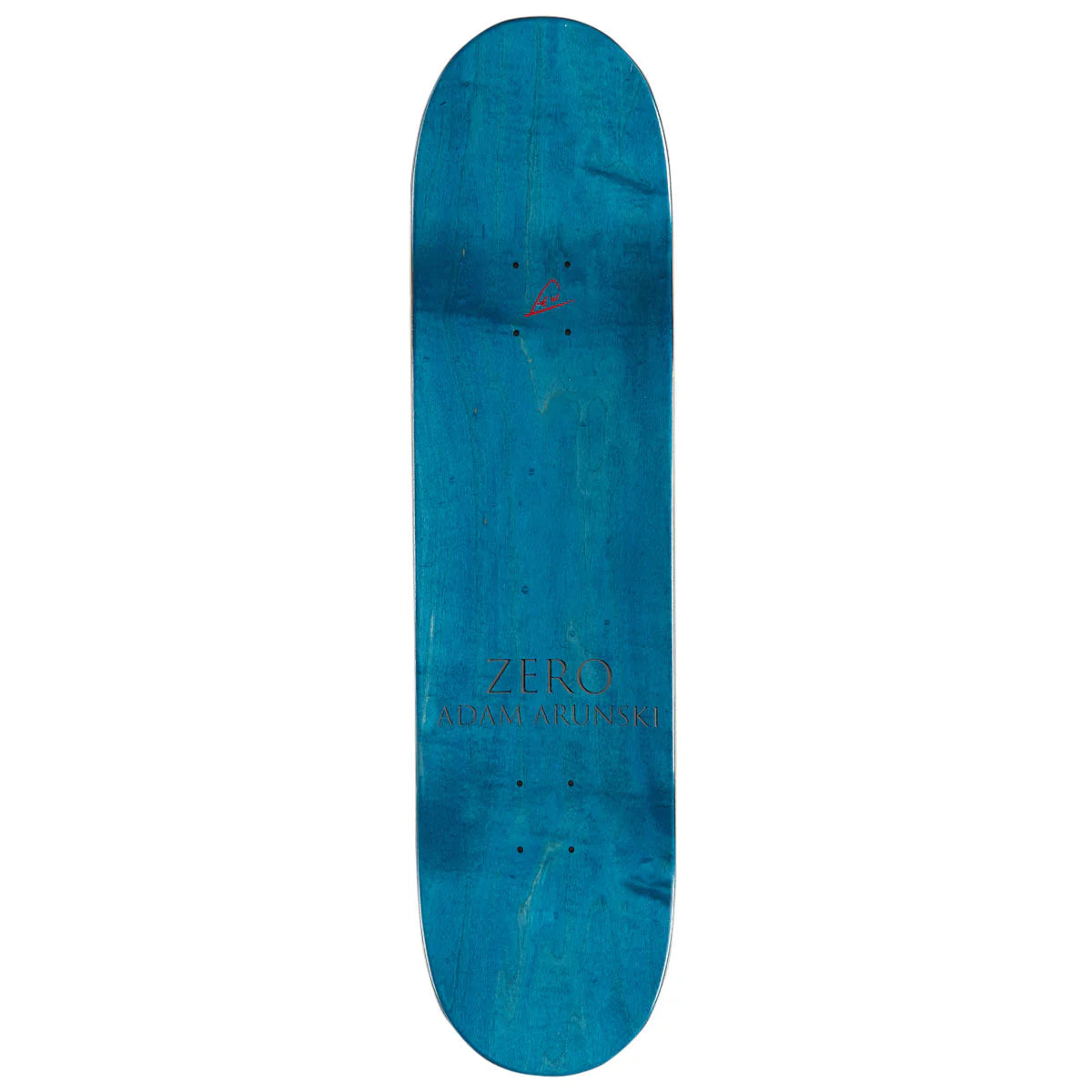 Blue skateboard deck with 'Zero' branding on a white background
