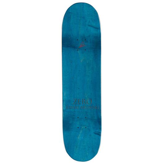 Blue skateboard deck with 'Zero' branding on a white background