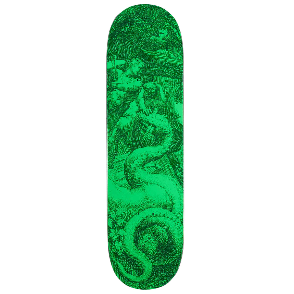 Green skateboard deck with intricate design on a white background