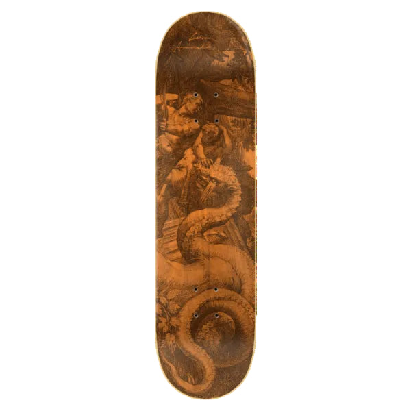 Skateboard deck with detailed artwork of a dragon on a white background
