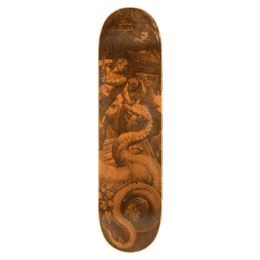 Skateboard deck with detailed artwork of a dragon on a white background