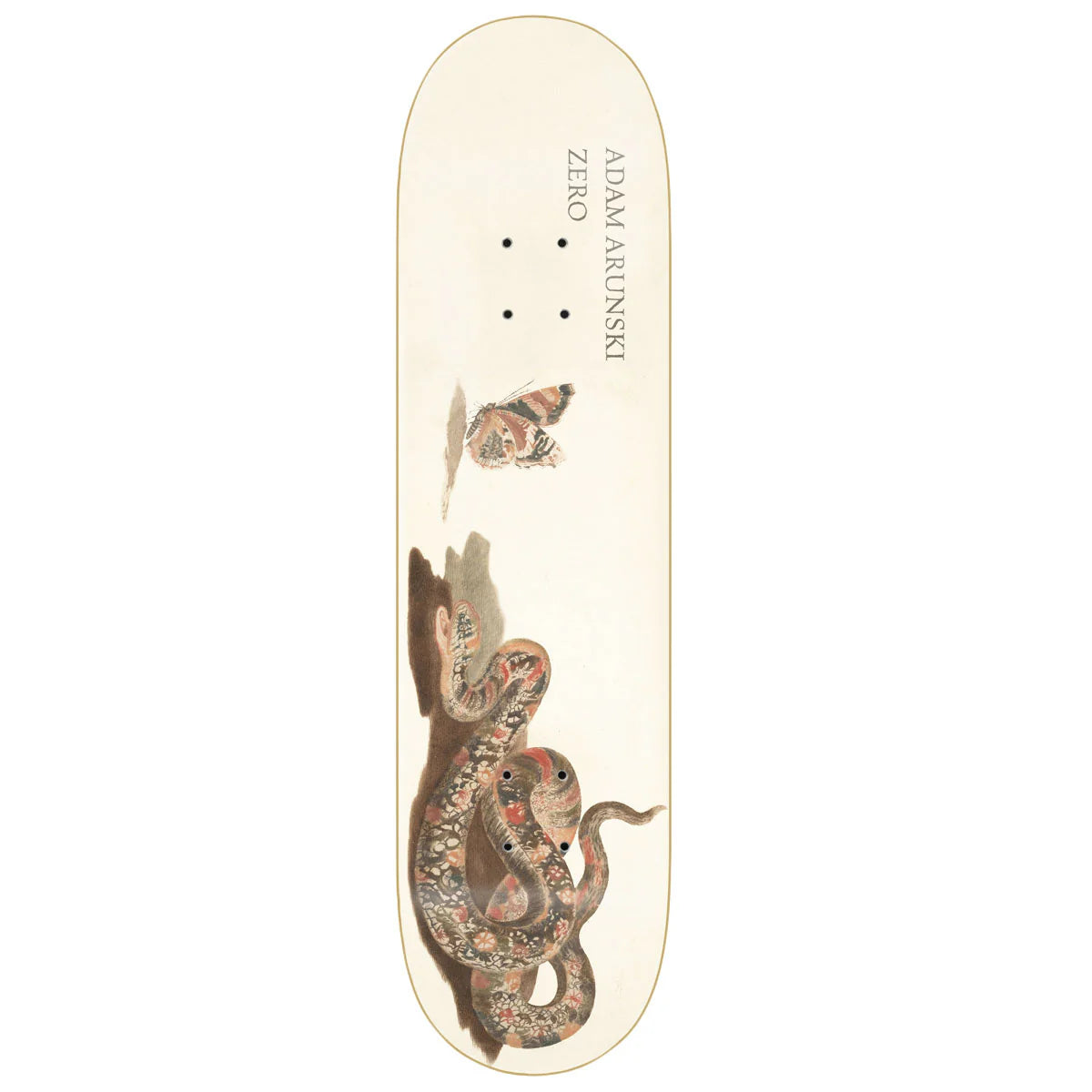 Skateboard deck with snake and butterfly design on a white background