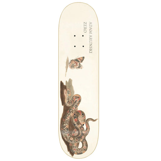 Skateboard deck with snake and butterfly design on a white background