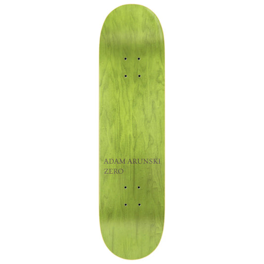 Green skateboard deck with 'Adam Arunski Zero' branding on a white background