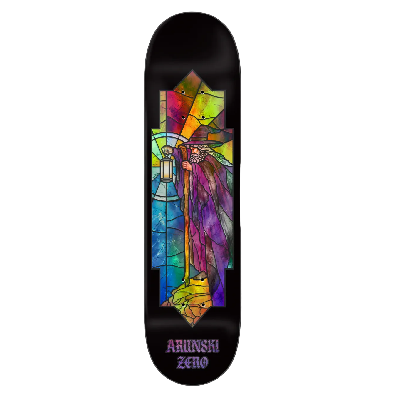 Skateboard deck with colorful stained glass design and 'Ahinska Zero' branding on a black background