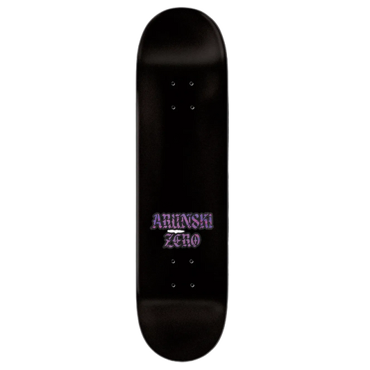 Black skateboard deck with 'ARUNSKI' logo on a black background