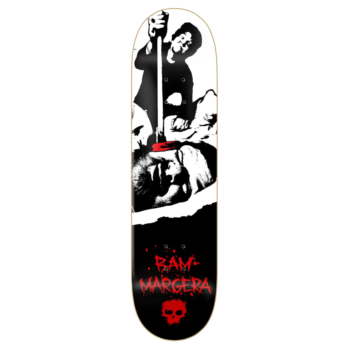 Skateboard deck with graphic design and 'BAM MARGEREAU' branding on a white background