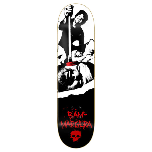 Skateboard deck with graphic design and 'BAM MARGEREAU' branding on a white background