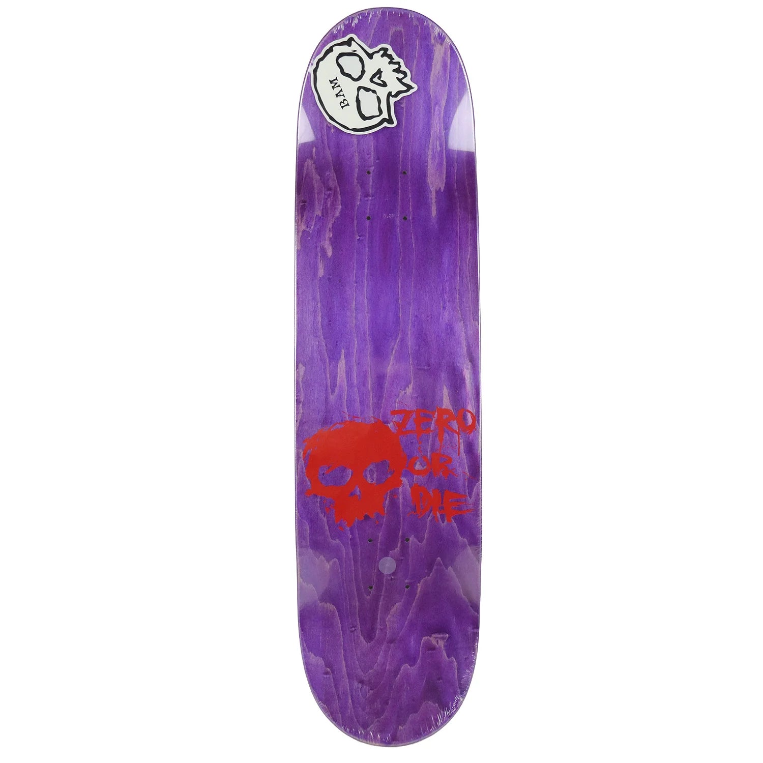 Purple skateboard deck with red skull design and white logo on a white background