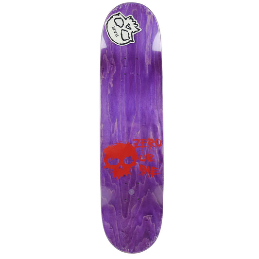 Purple skateboard deck with red skull design and white logo on a white background