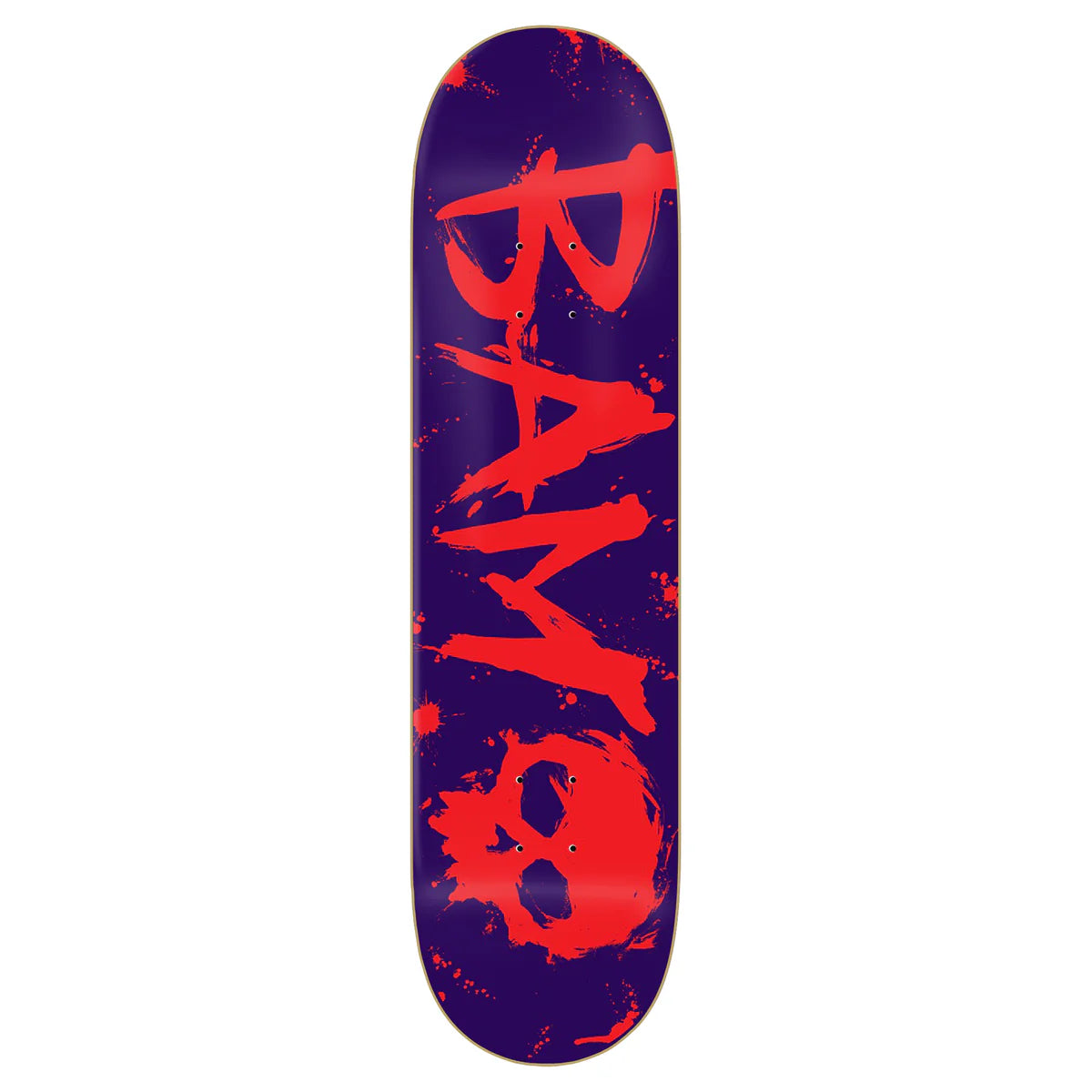 Skateboard deck with red 'BAM' logo on a purple background
