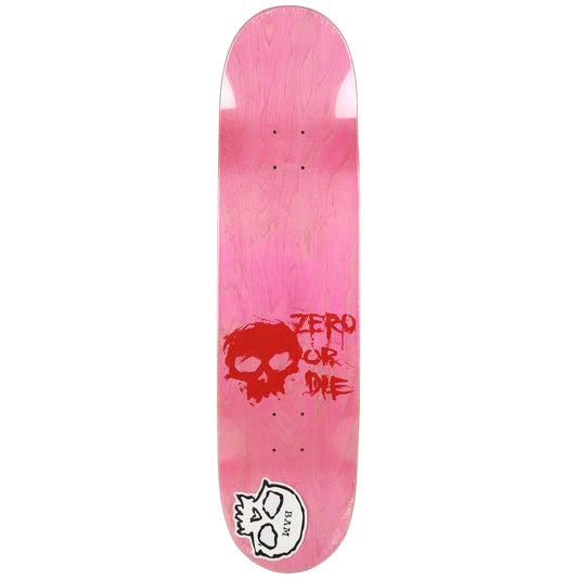 Pink skateboard deck with a red skull design and 'Zero or Die' text on a white background