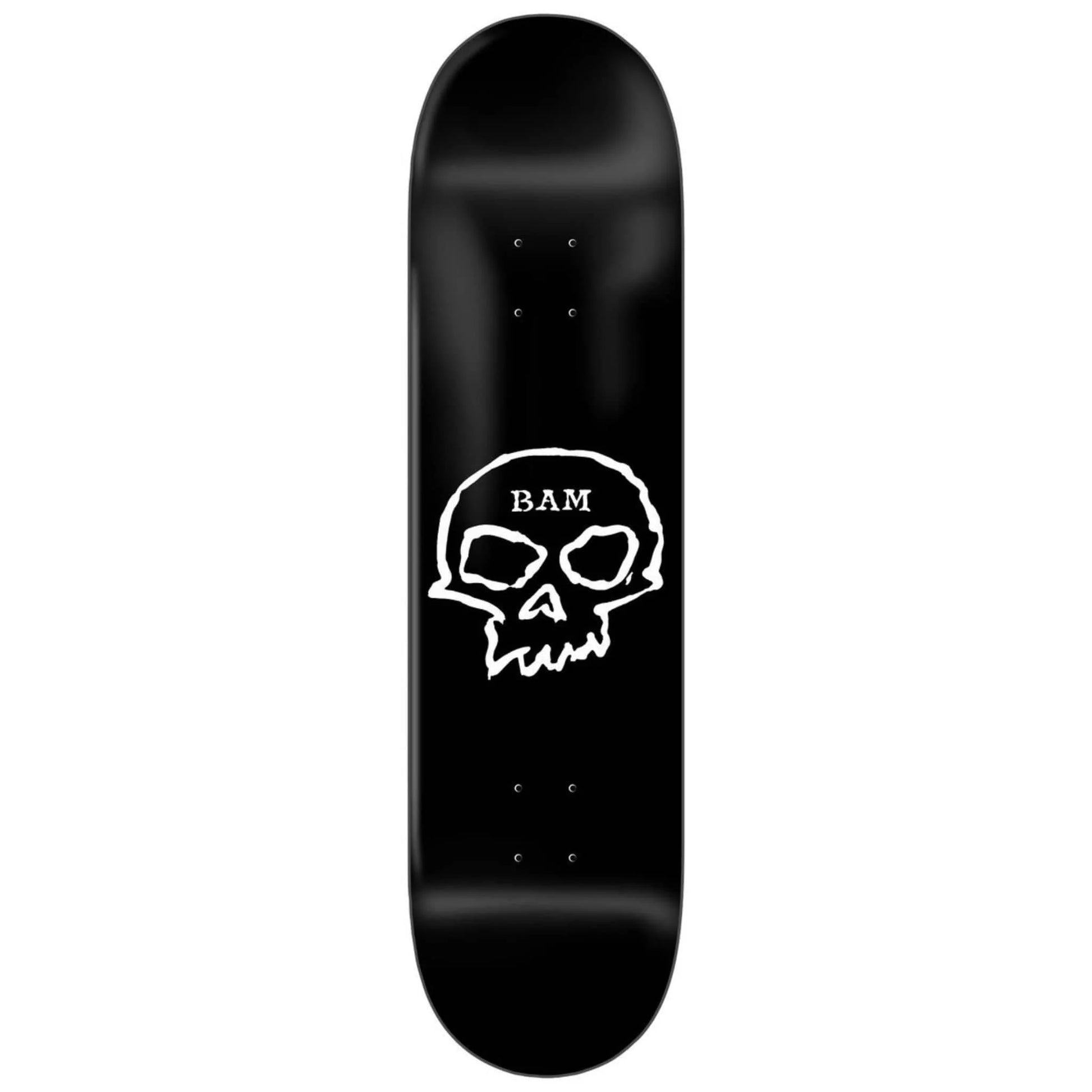 Black skateboard deck with a white skull design and 'BAM' branding on a white background