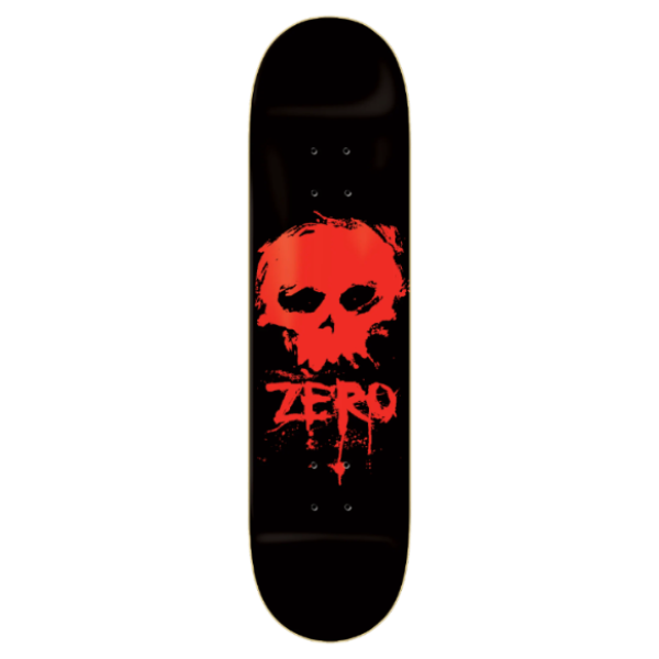 Skateboard deck with red skull design and 'Zero' branding on a black background
