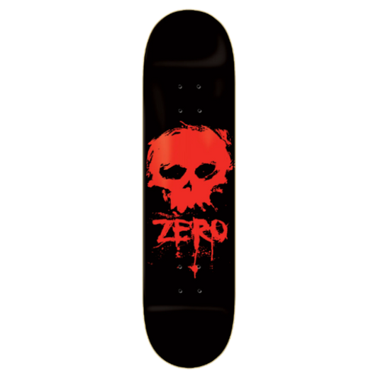 Skateboard deck with red skull design and 'Zero' branding on a black background