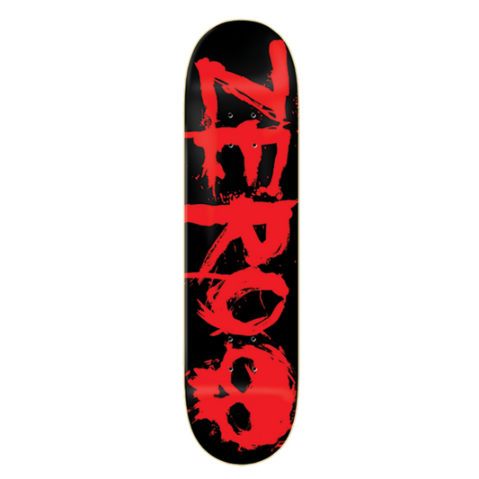 Skateboard deck with 'Zero' logo in red on a black background