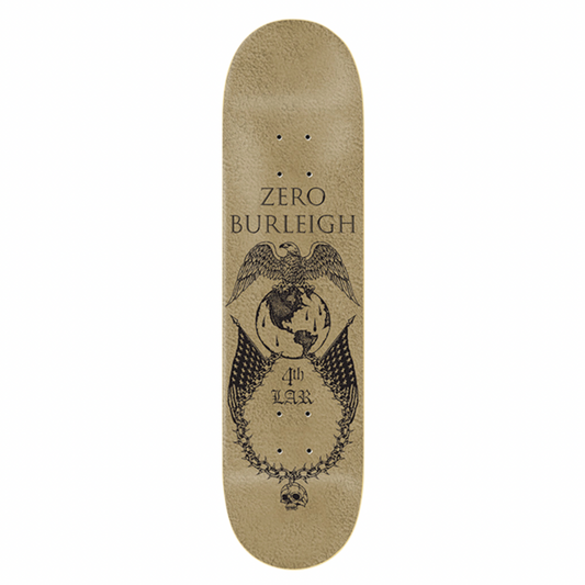 Skateboard deck with 'Zero Burleigh' branding on a white background