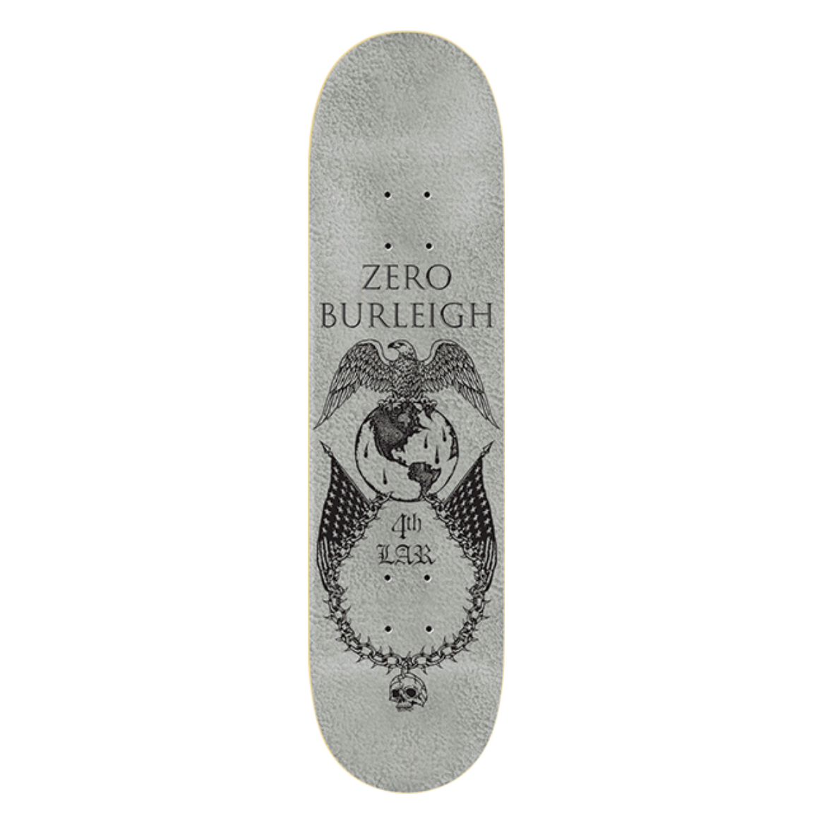 Gray skateboard deck with 'Zero Burleigh' branding on a white background