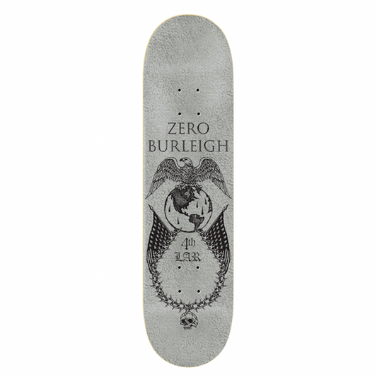 Gray skateboard deck with 'Zero Burleigh' branding on a white background