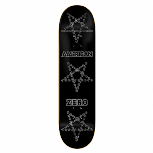 Black skateboard deck with gray pentagram designs and 'American Zero' text on a white background