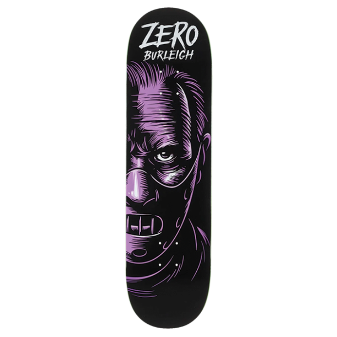 Skateboard deck with a purple and black design on a white background
