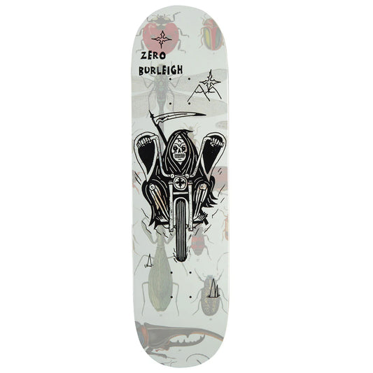 Skateboard deck with a design of a skeleton on a motorcycle, featuring the brand 'Zero'.