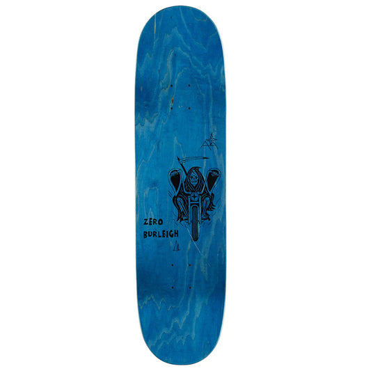 Blue marbled skateboard deck with a black graphic design on a white background