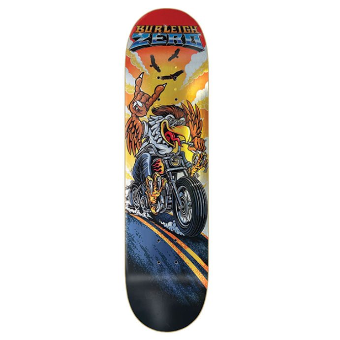 Skateboard deck with a graphic design of a person on a motorcycle against a colorful background.