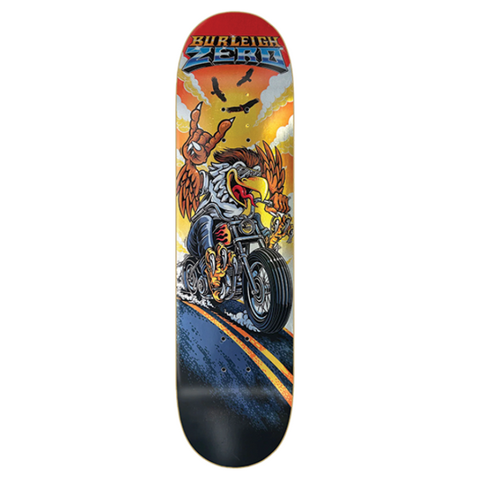 Skateboard deck with a graphic design of a person on a motorcycle against a colorful background.