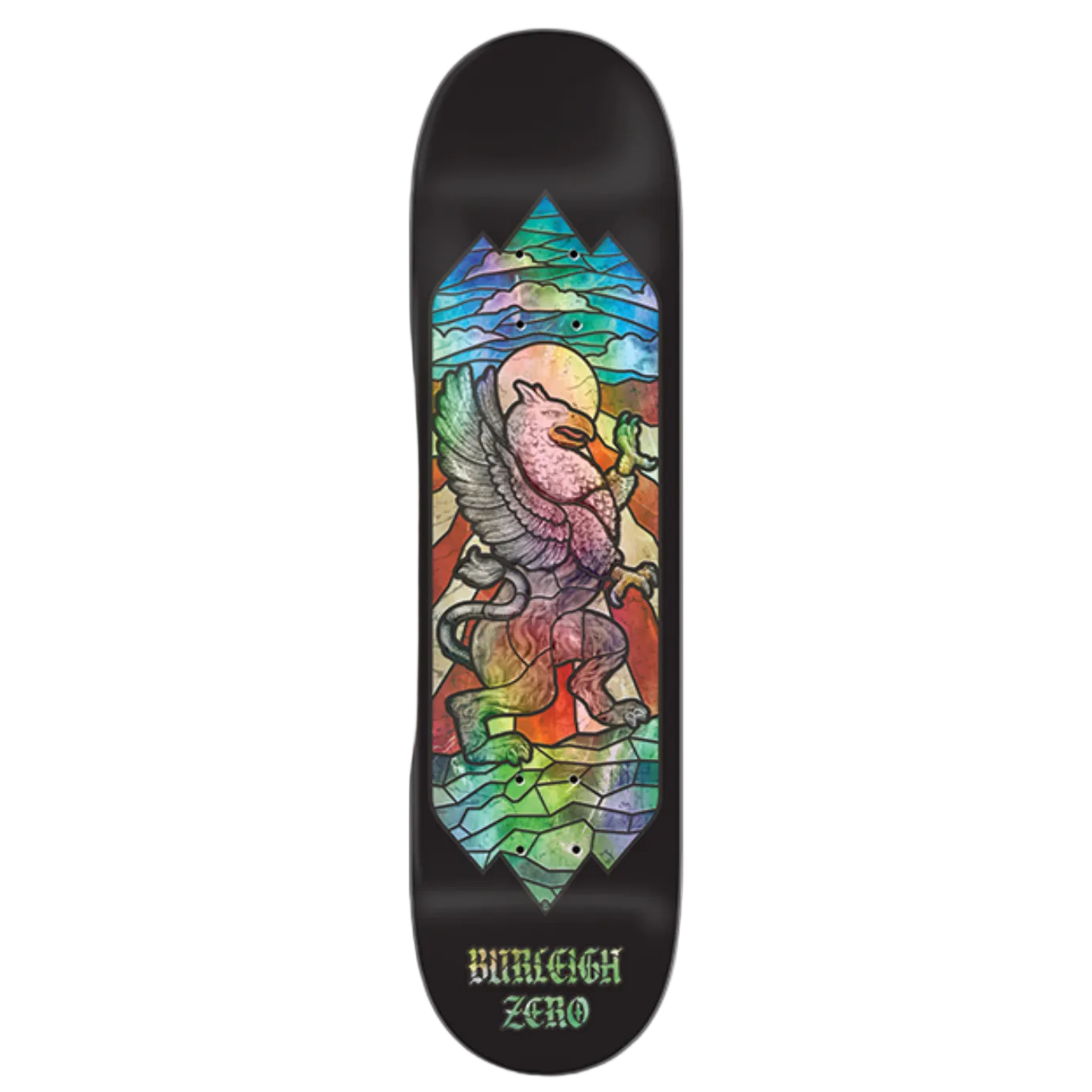 Skateboard deck with colorful dragon design on a black background