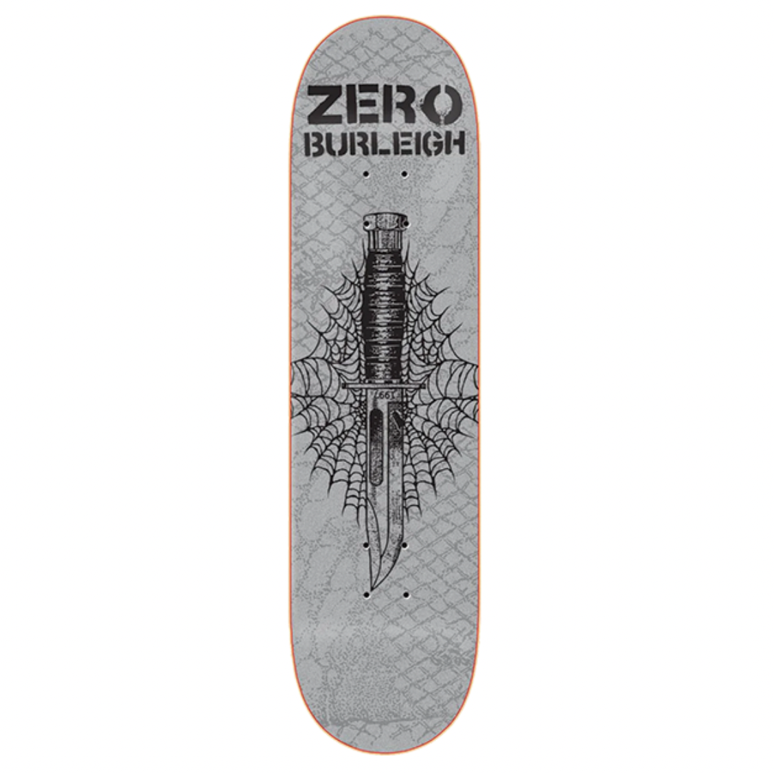 Skateboard deck with 'Zero Burleigh' branding and design on a white background