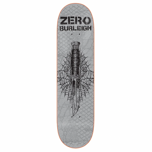 Skateboard deck with 'Zero Burleigh' branding and design on a white background
