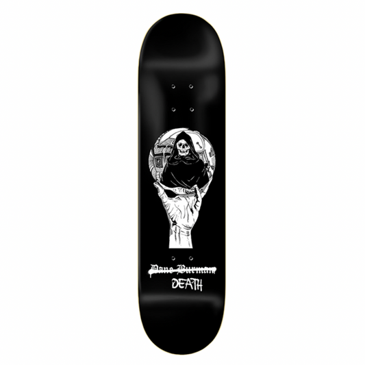 Skateboard deck with a graphic design on a white background