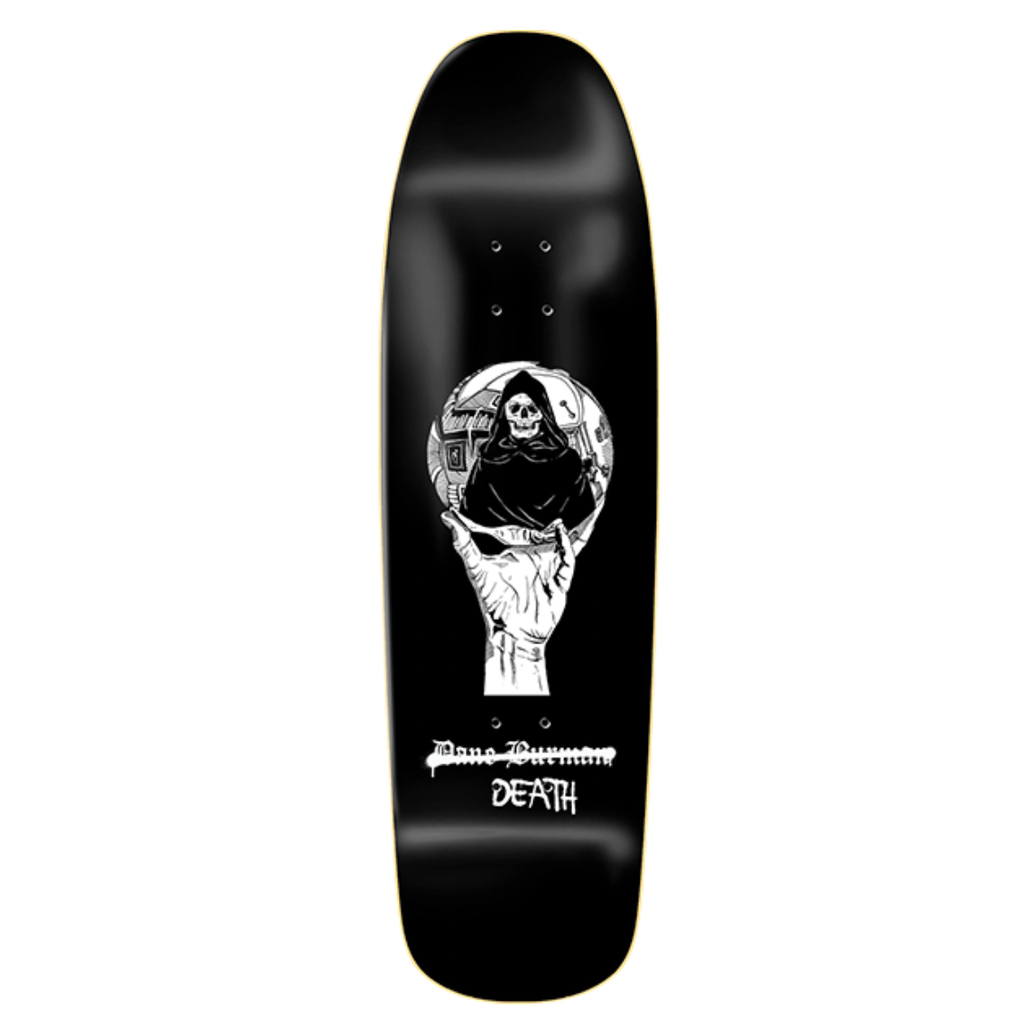 Black skateboard deck with a white graphic design on a white background