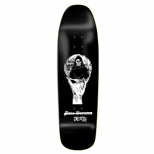 Black skateboard deck with a white graphic design on a white background