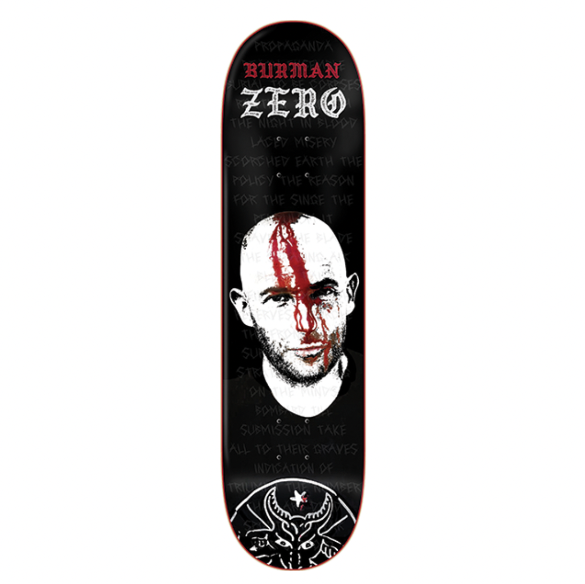 Skateboard deck with a graphic design on a white background