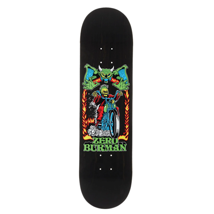 Skateboard deck with colorful graphic design on a white background
