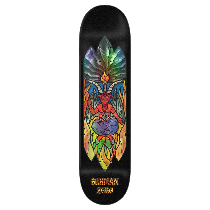 Skateboard deck with colorful design and 'Burman Zero' branding on a white background